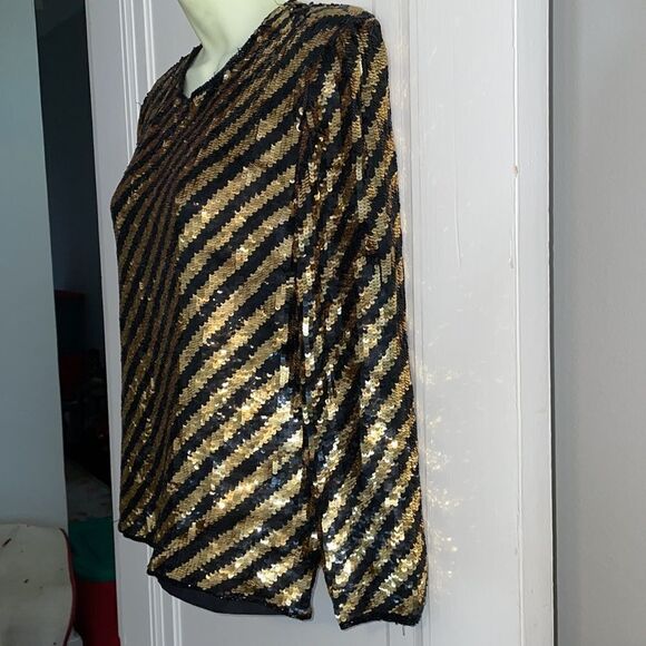 Vtg gold & black sequin striped dressy long sleeve blouse - Picture 6 of 11